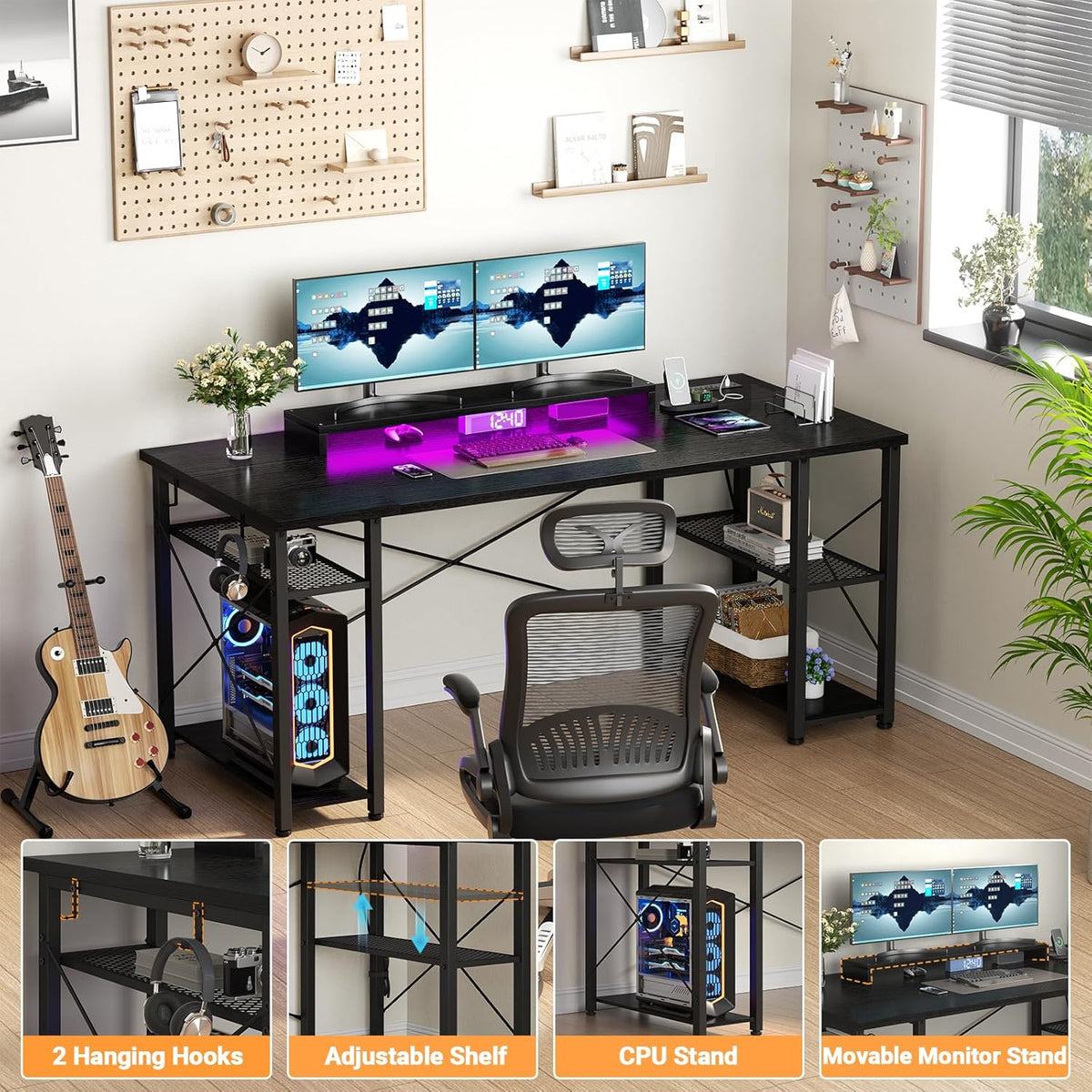 Black 55 Inch Gaming Desk with LED Lights and Power Outlet Q15993