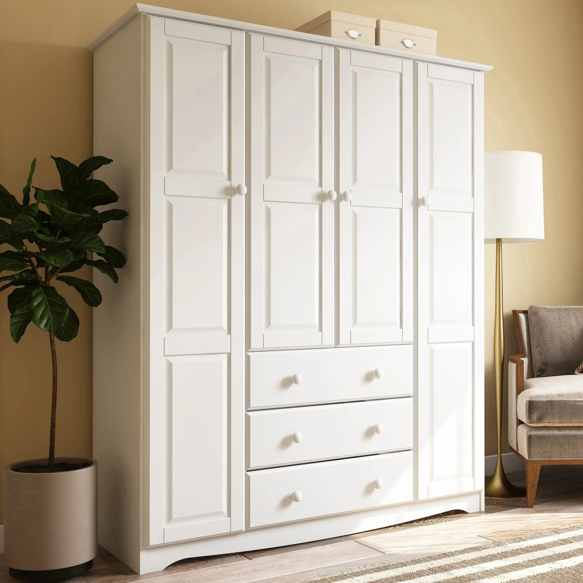 100% Solid Wood 4-Door Wardrobe Armoire White K8955