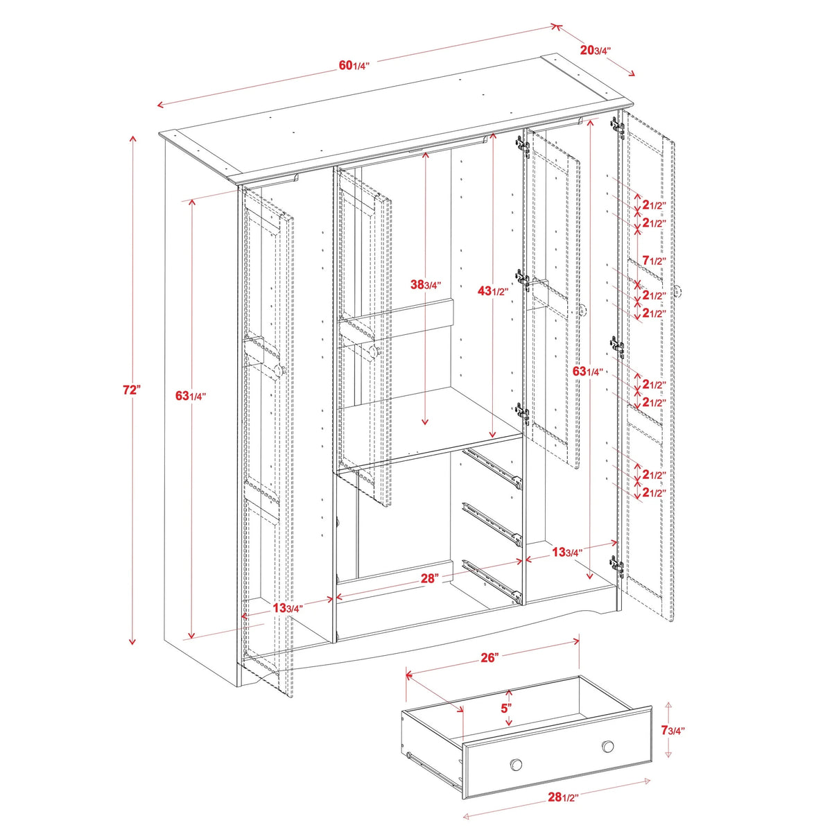 100% Solid Wood 4-Door Wardrobe Armoire White K8955