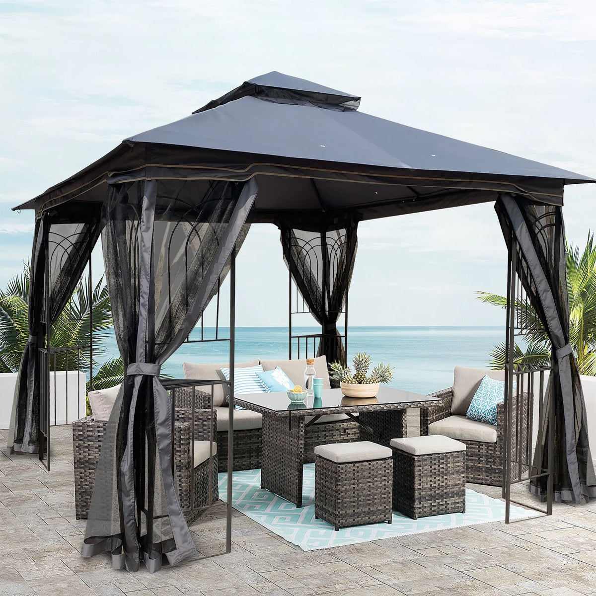 10' x 10' Outdoor Patio Gazebo Canopy Shelter with Ventilated Double Roof And Mosquito Net, Gray V523