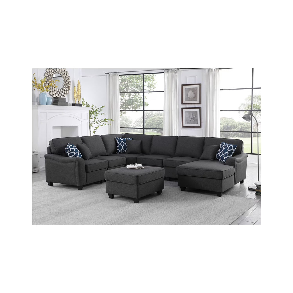 Dark Gray Linen 7Pc Modular Sectional Sofa Chaise and Ottoman H76112