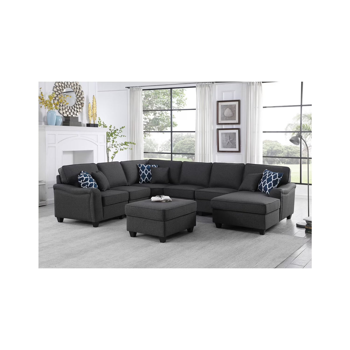 Dark Gray Linen 7Pc Modular Sectional Sofa Chaise and Ottoman H76112