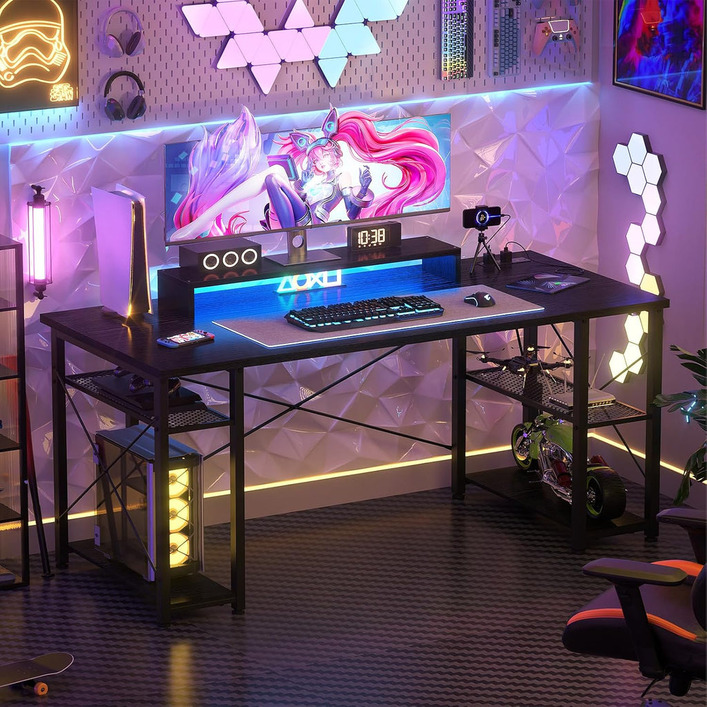 Black 55 Inch Gaming Desk with LED Lights and Power Outlet Q15993
