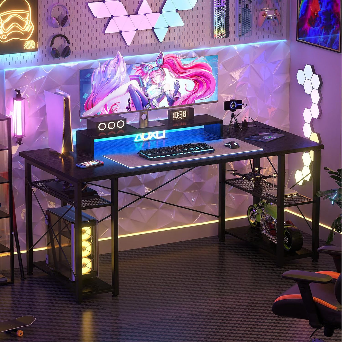 Black 55 Inch Gaming Desk with LED Lights and Power Outlet Q15993