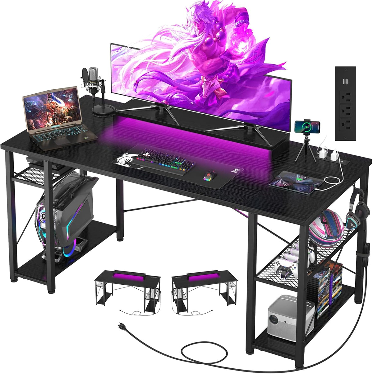 Black 55 Inch Gaming Desk with LED Lights and Power Outlet Q15993