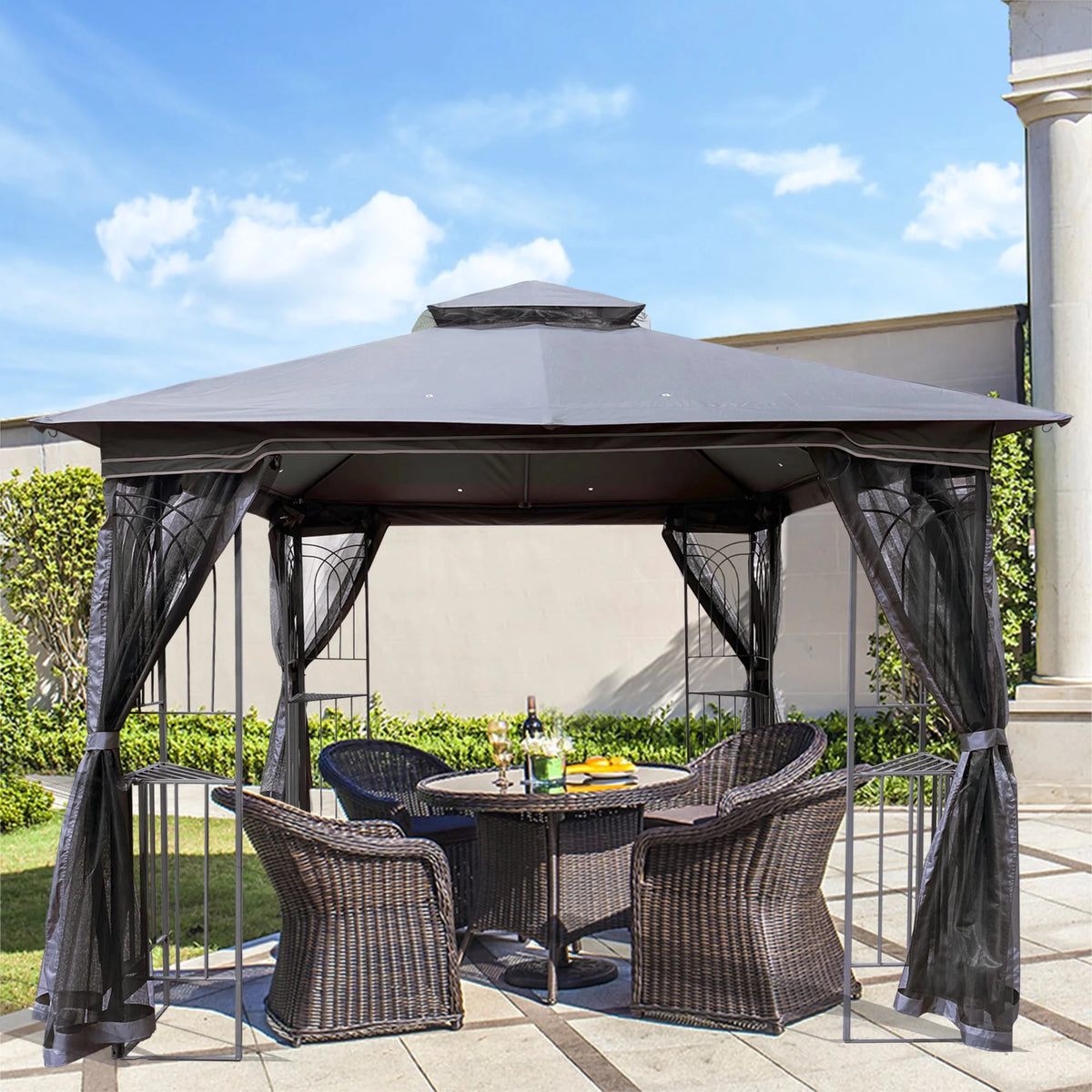 10' x 10' Outdoor Patio Gazebo Canopy Shelter with Ventilated Double Roof And Mosquito Net, Gray V523