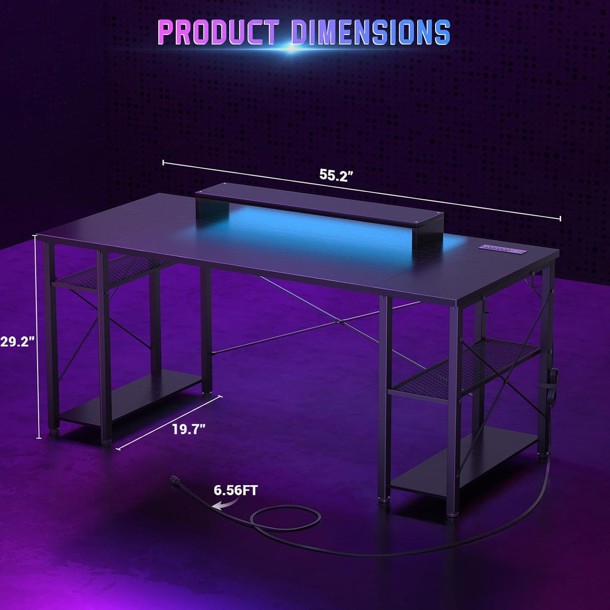 Black 55 Inch Gaming Desk with LED Lights and Power Outlet Q15993