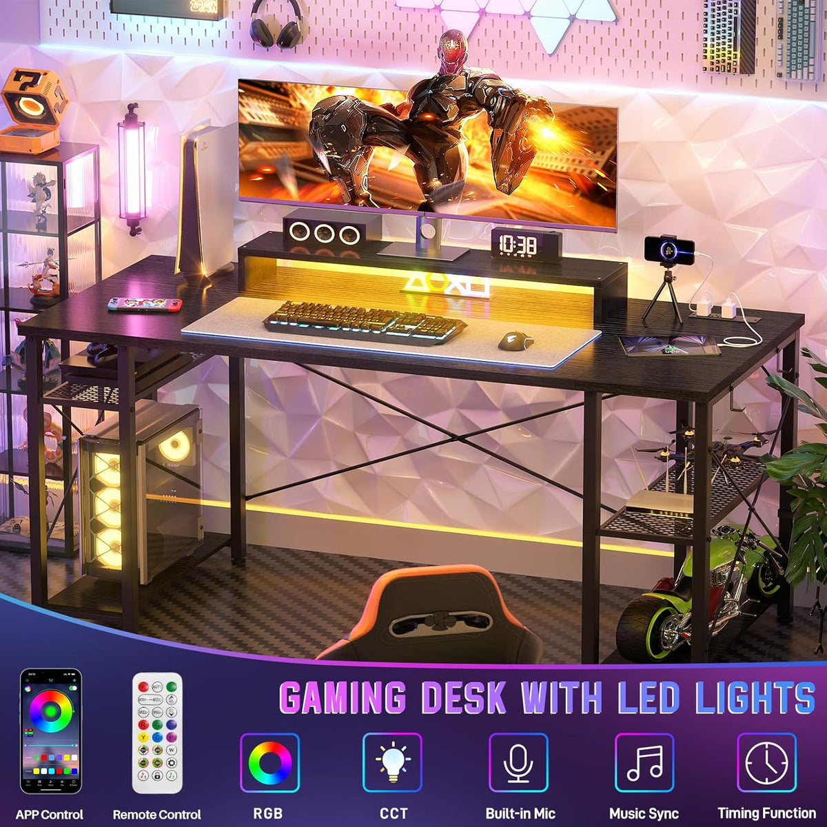Black 55 Inch Gaming Desk with LED Lights and Power Outlet Q15993