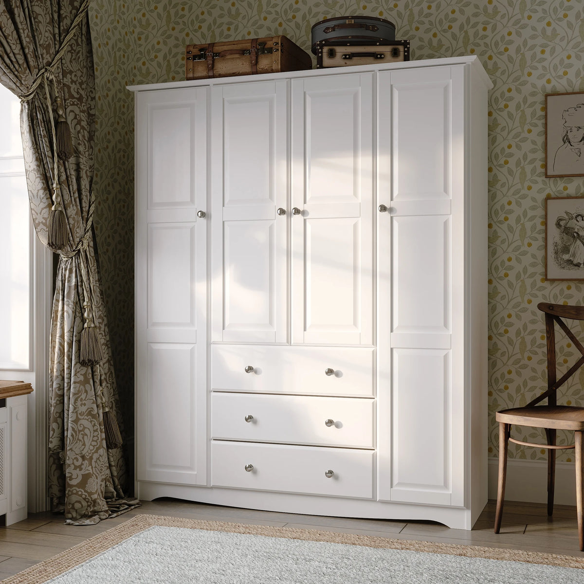 100% Solid Wood 4-Door Wardrobe Armoire White K8955