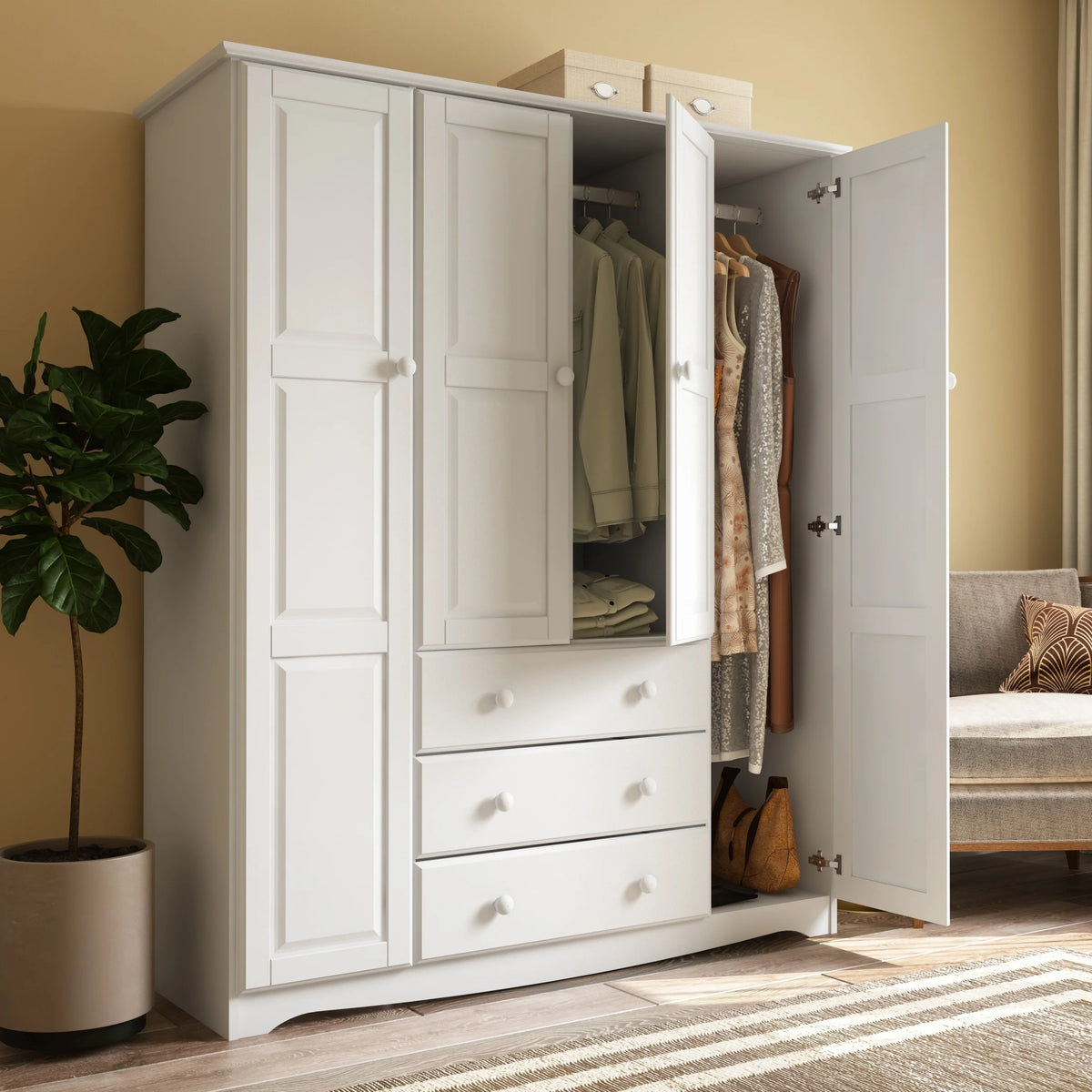100% Solid Wood 4-Door Wardrobe Armoire White K8955